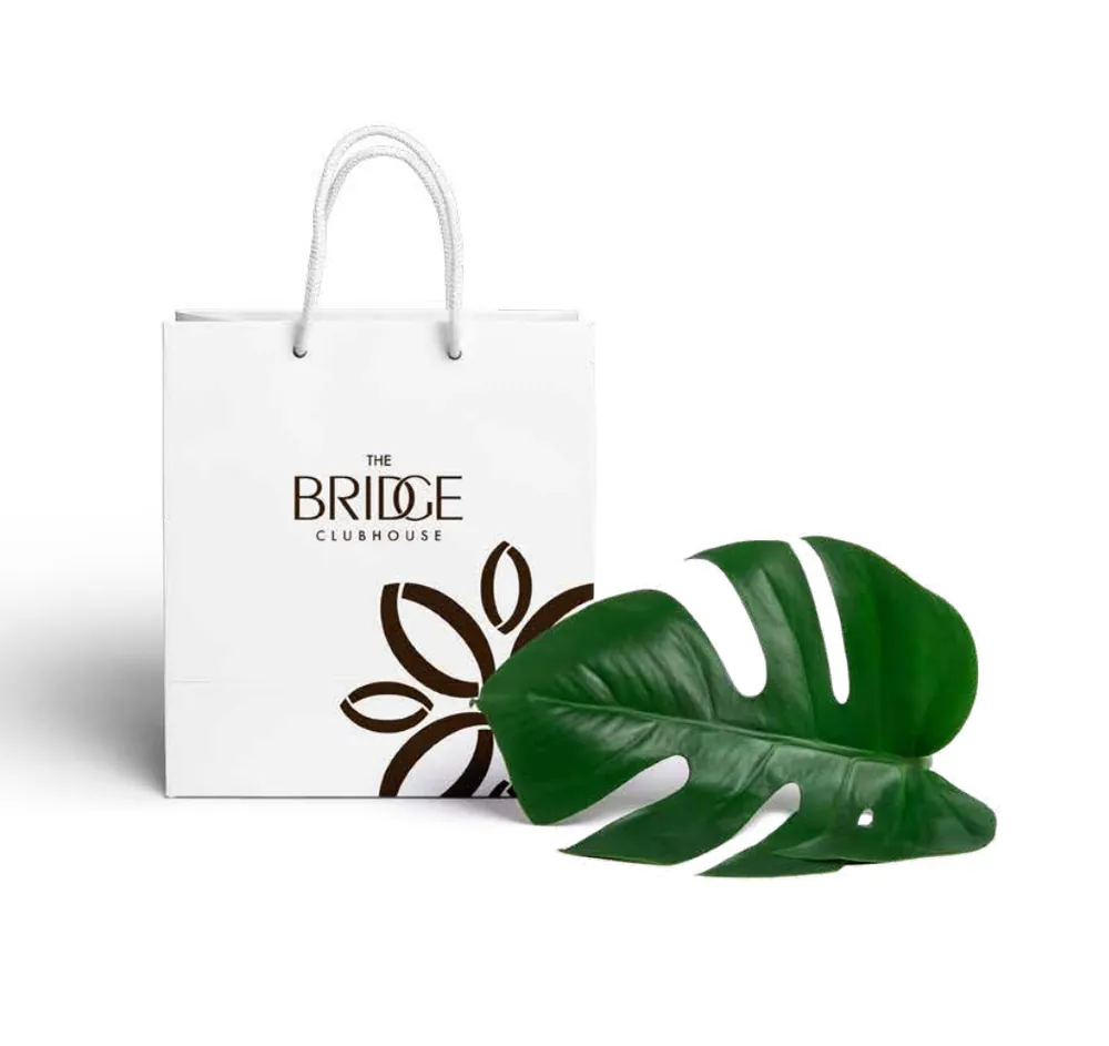 Gift bag, branded with The Bridge Clubhouse identity