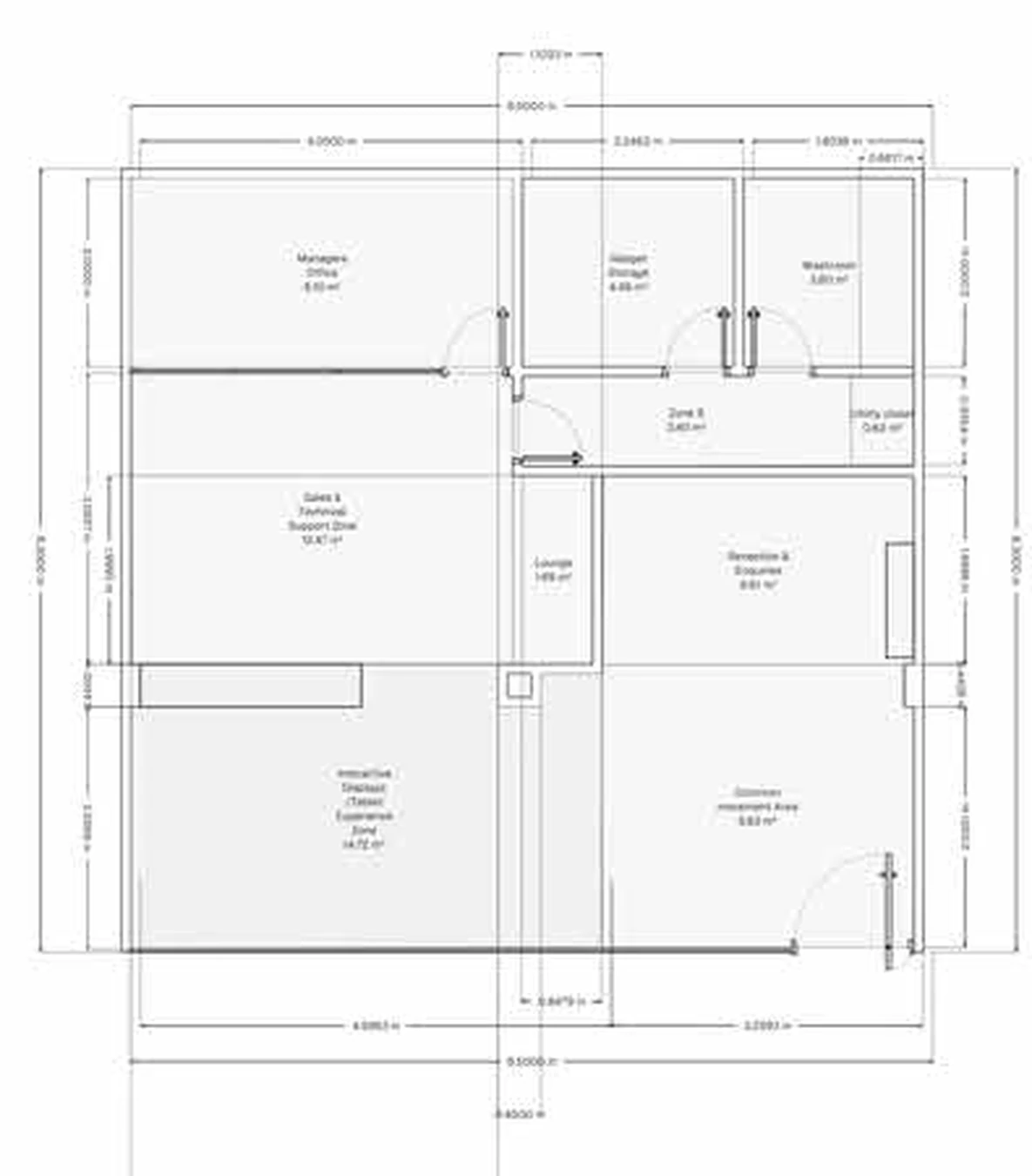 The empty floor plan showing walls, doors and dimensions