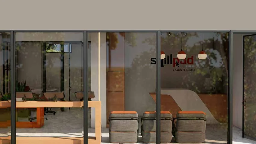 Glass frontage with the logo