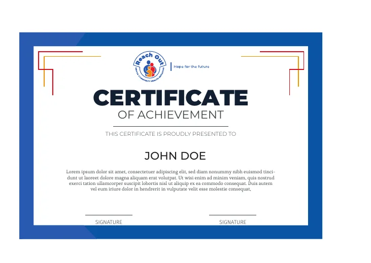 Certificate of achievement, branded with the Reach Out Mbuya identity