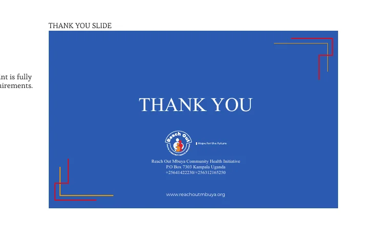 Presentation, thank-you slide, branded with the Reach Out Mbuya identity