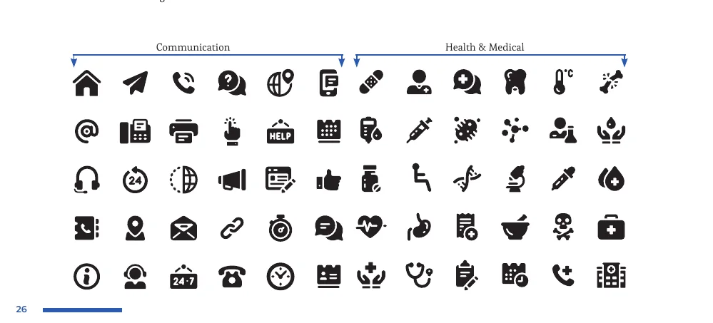 The ROM icon set: communication and health and medical icons
