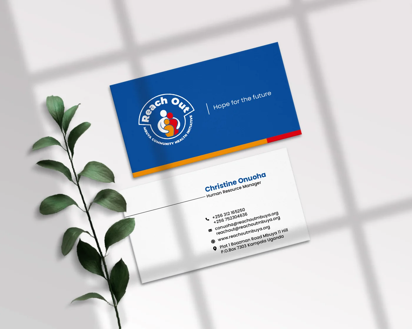 Business card, branded with the Reach Out Mbuya identity