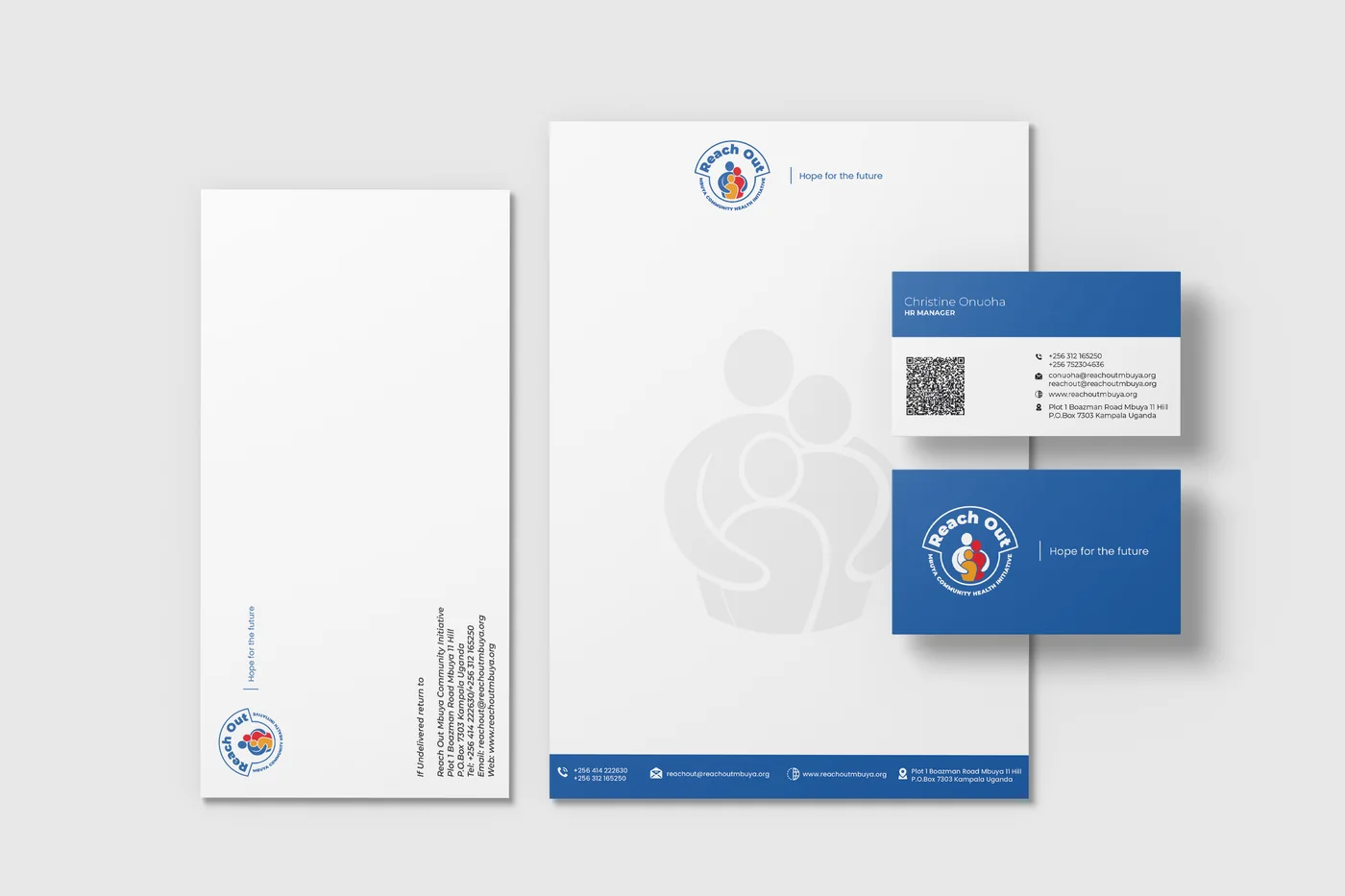 Stationery suite, branded with the Reach Out Mbuya identity