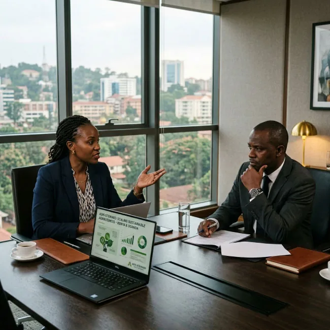 Two business people in a meeting with a laptop showing charts
